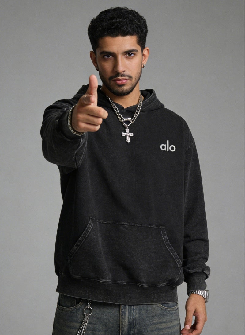 Alo Men's and Women's Washed Black Super Large Hoodie - Retro Fading Cotton Hoodie with Minimalist Logo and Kangaroo Pocket, Suitable for Both Men and Women, Heavy Cotton Up to 400g, Thick and Warm - Image 1